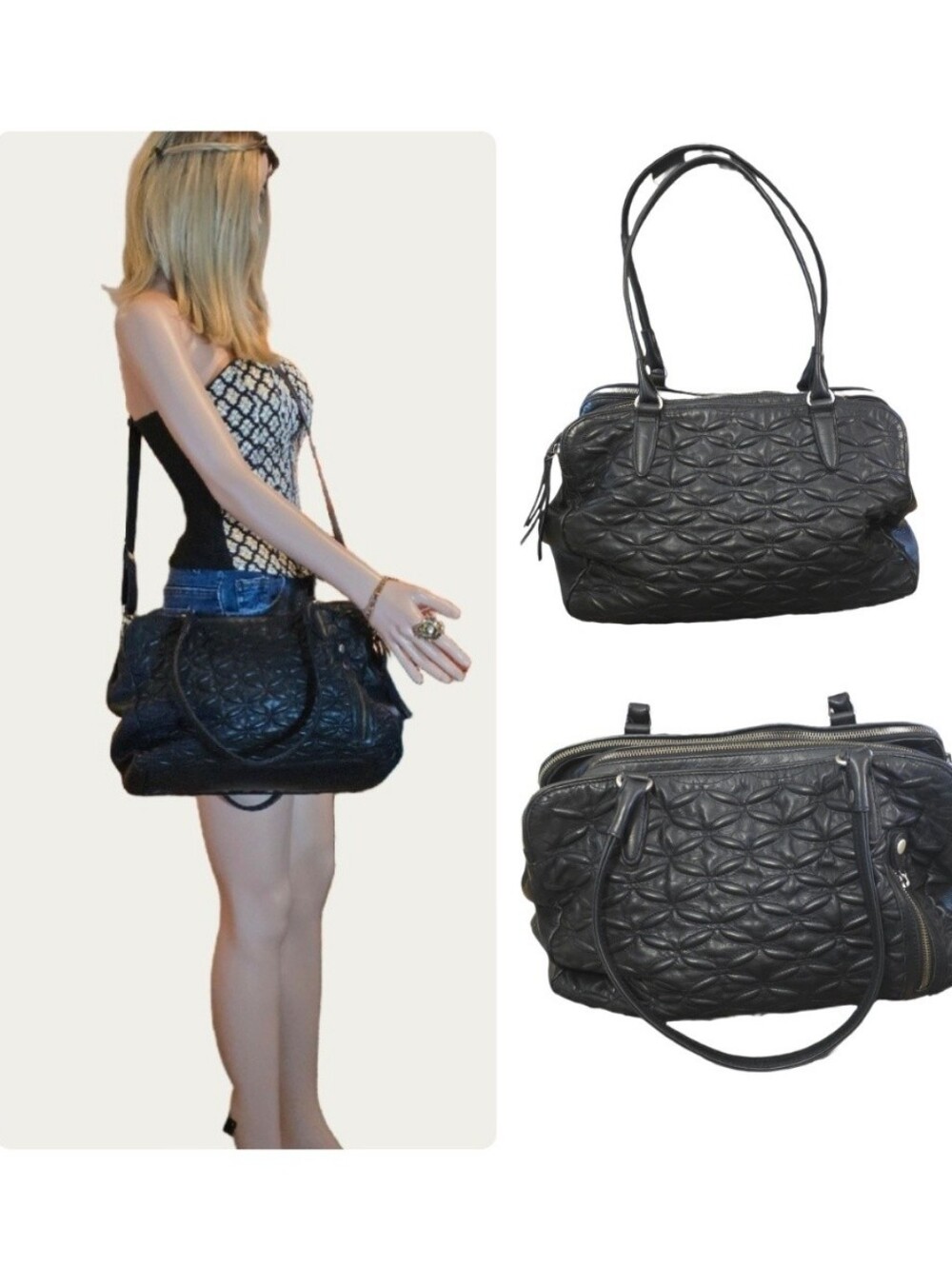 BLACK QUILTED Floral Genuine LEATHER Oversized Satchel/Crossbody SLOUCHY EUC